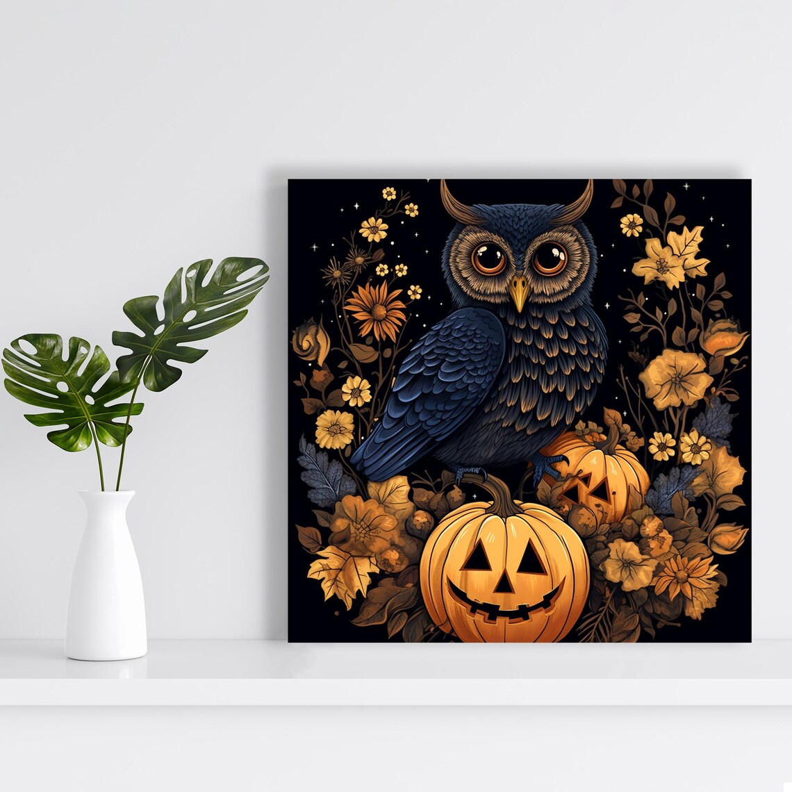 Mystical Owl Halloween Night Pumpkins Autumn Floral Dark Art Poster - Image 2