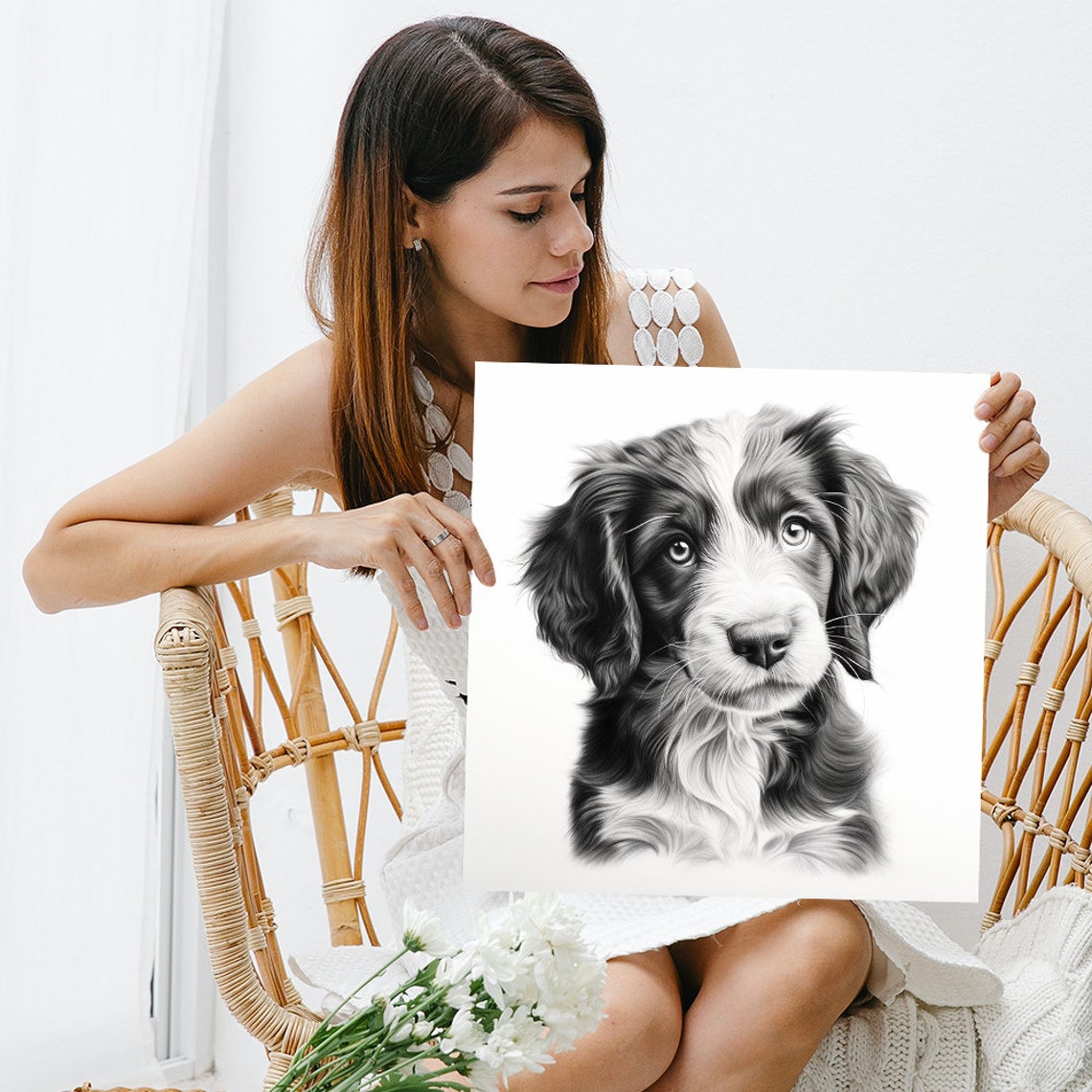 Black White Puppy Portrait Floppy Ears Sketch Style Cute Dog Poster - Image 3