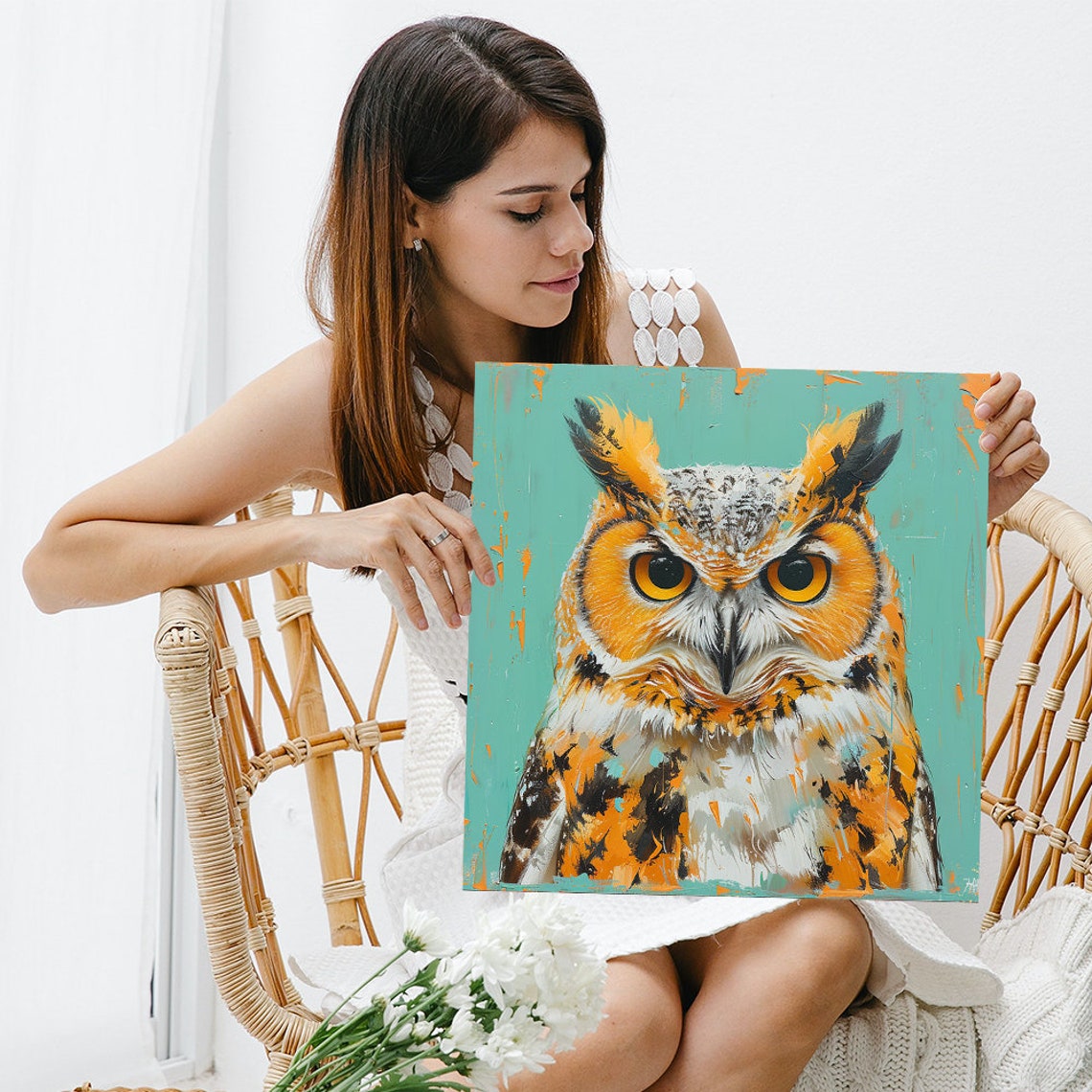 Great Horned Owl Portrait Poster Turquoise Orange Painterly Decor - Image 3