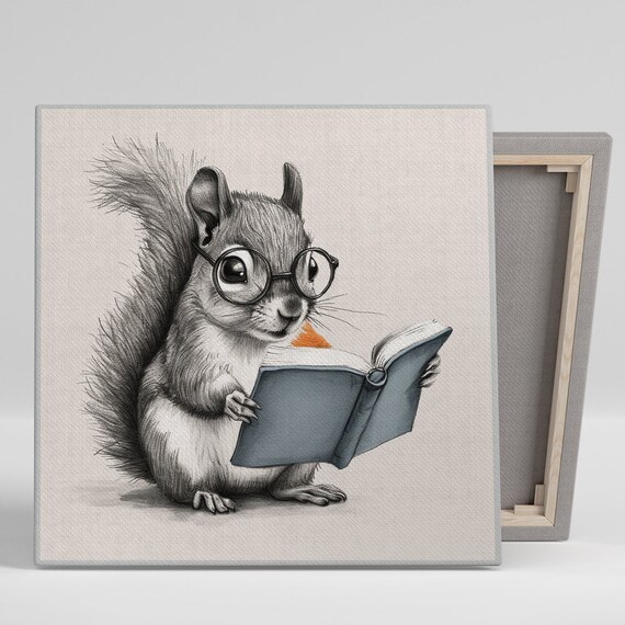 Scholarly Squirrel With Round Glasses Reading Book Vintage Sketch Style Poster