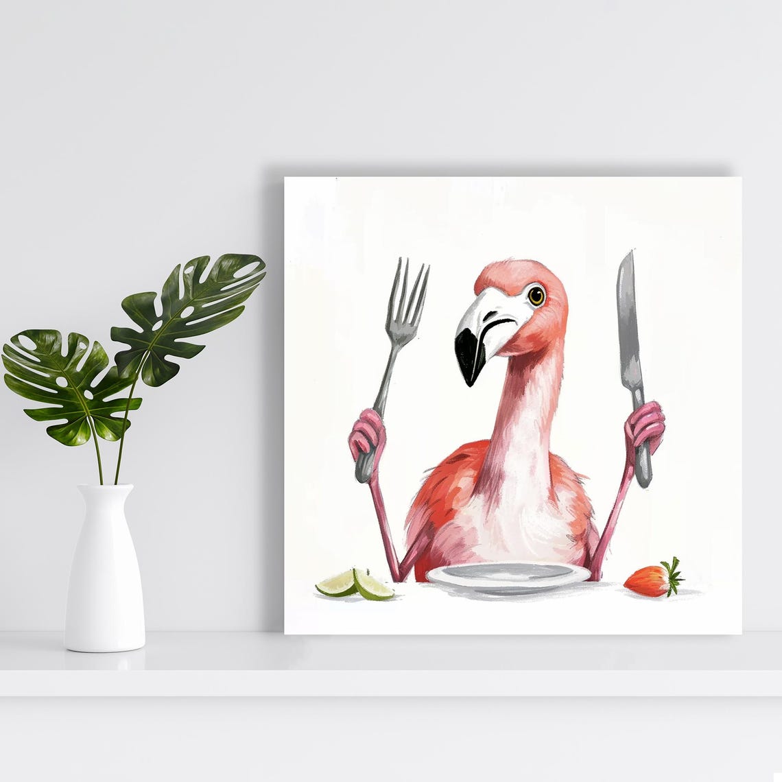 Flamingo Dinner Time Fork Knife Funny Hungry Bird Kitchen Art Poster - Image 2