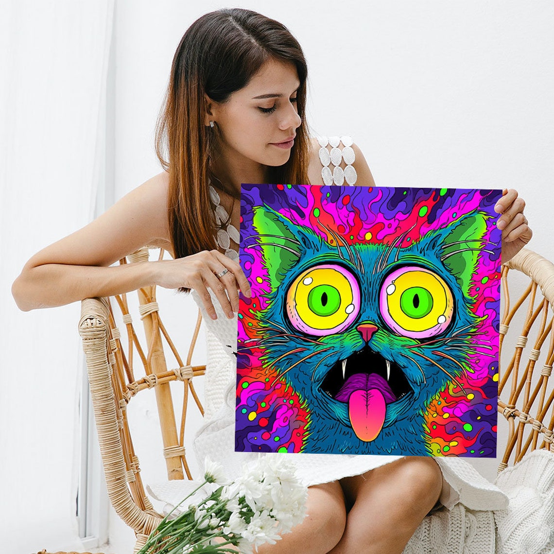 Psychedelic Trippy Cat Neon Pop Art Wild Eyes Funny Feline Poster - Image 5