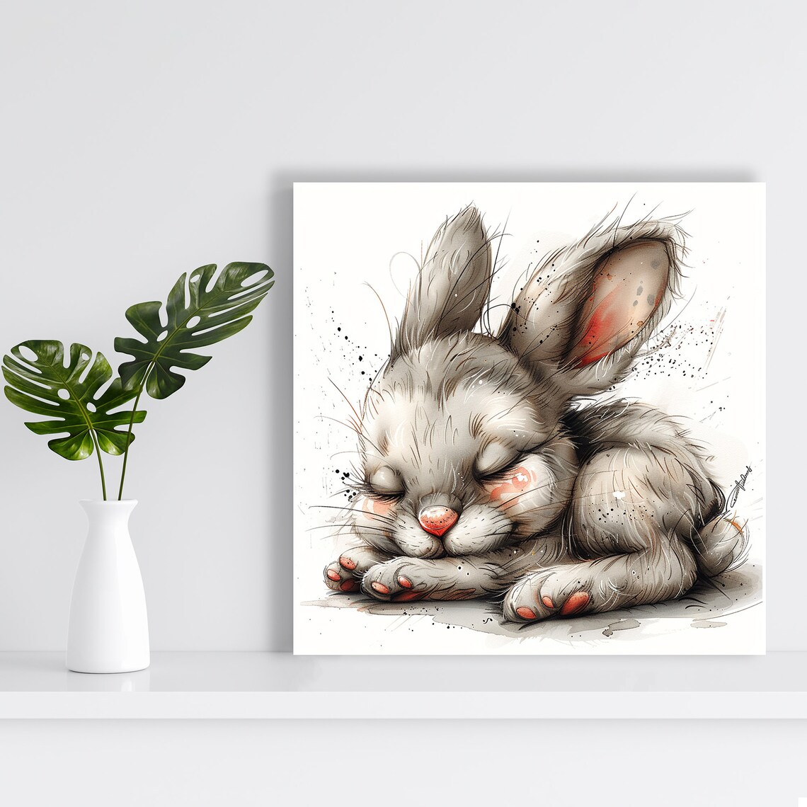Sleepy Bunny Bliss Curled Up Napping Grey Watercolor Nursery Wall Poster - Image 2