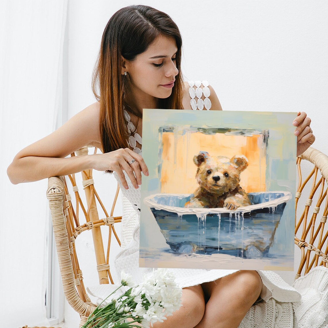 Baby Bear In Bathtub Soft Oil Painting Sweet Nursery Art Poster - Image 3
