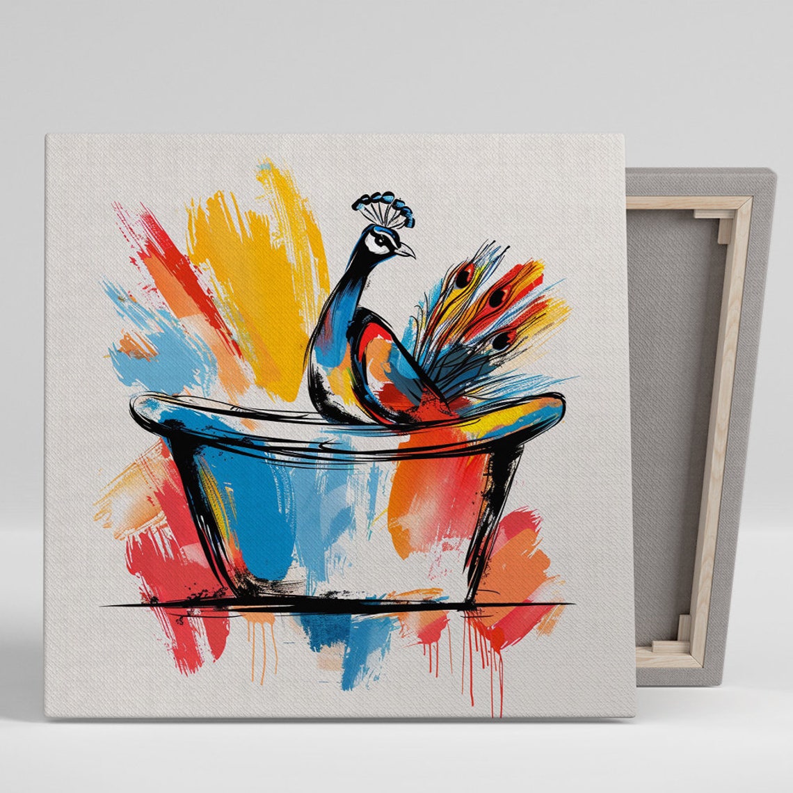 Whimsical Peacock Bathtub Splash Paint Cheerful Bathroom Wall Art