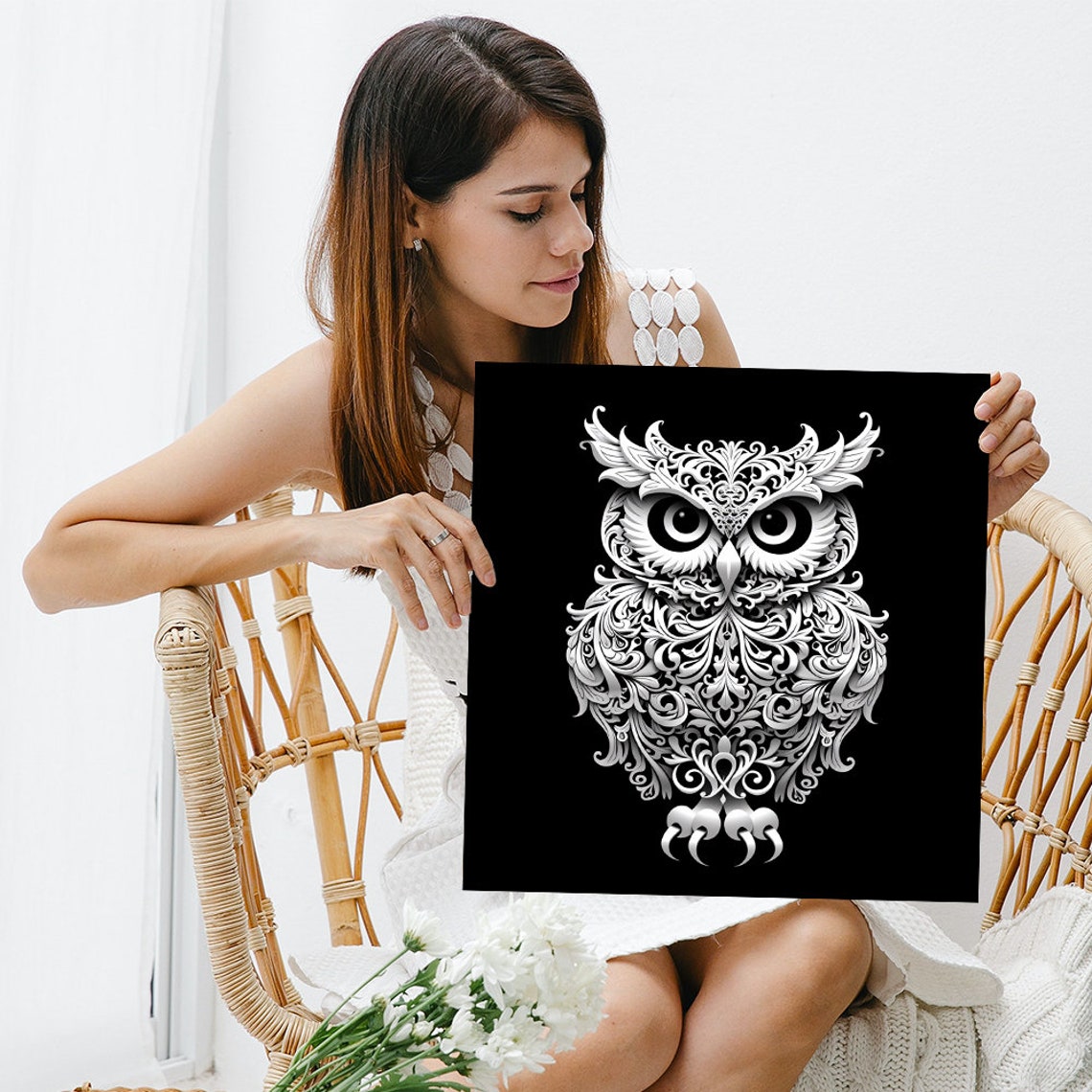 White Owl Mandala Intricate Pattern on Black Background Poster - Image 3