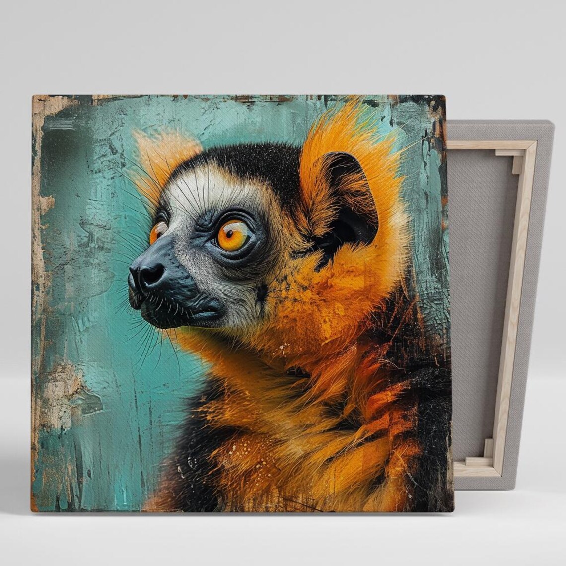 Lemur Gaze Portrait Orange Eared Monkey Teal Grunge Animal Wall Poster