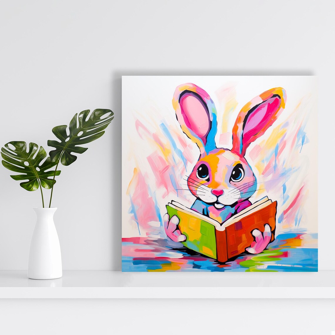 Rainbow Bunny Reading Book Colorful Watercolor Nursery Kids Room Poster - Image 2
