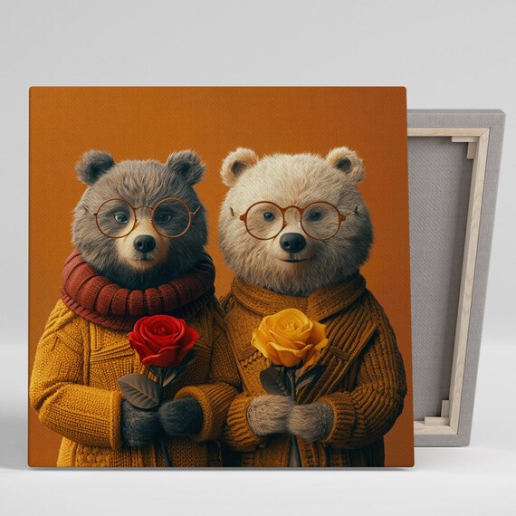 Bear Couple Glasses Poster Roses Cozy Knit Sweater Whimsical Decor