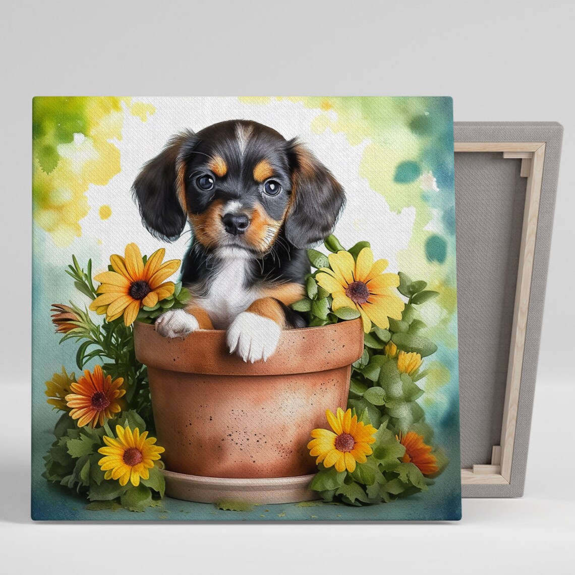 Puppy In Flower Pot Yellow Daisies Watercolor Nursery Wall Art