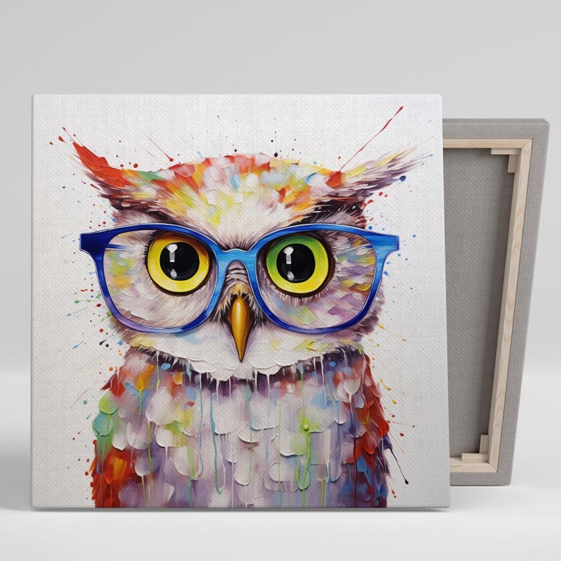 Whimsical Owl Art Print, Blue Yellow Multicolor