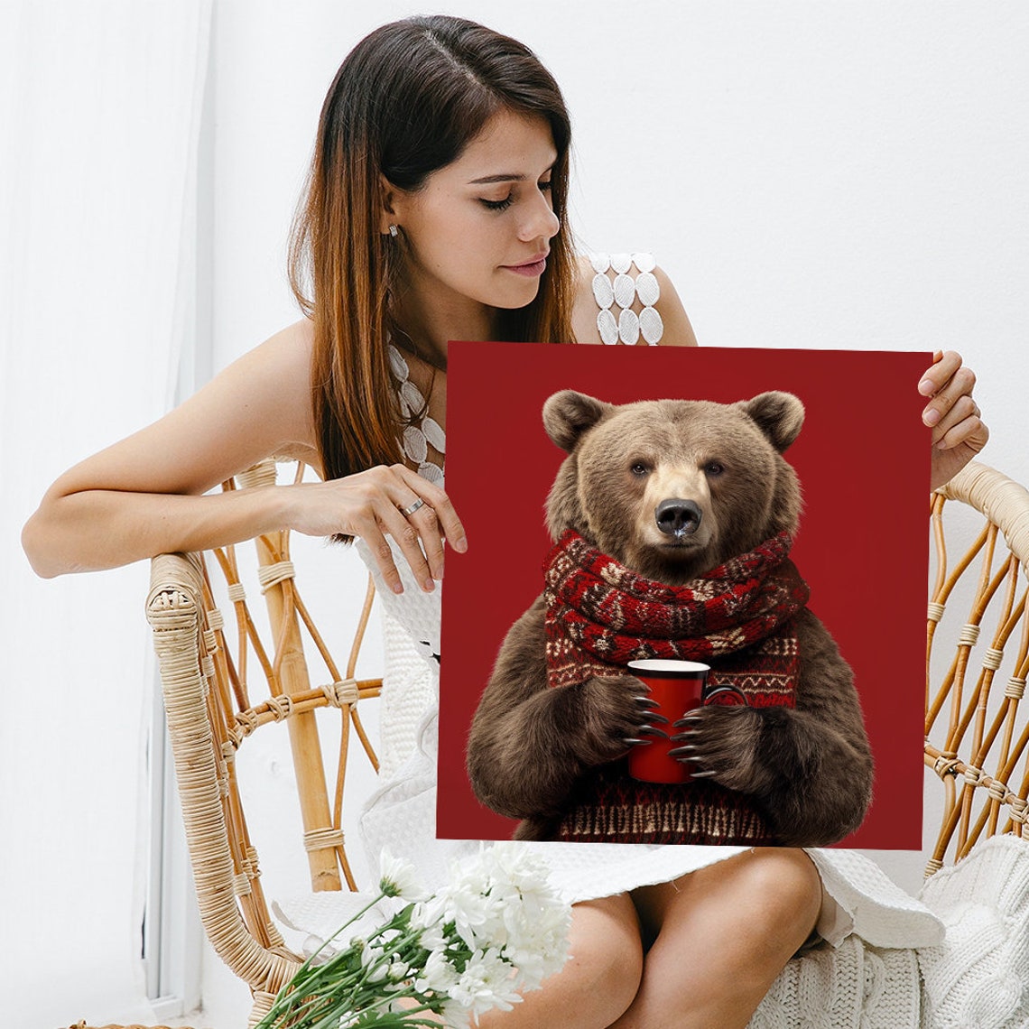 Cozy Brown Bear With Coffee Mug Red Sweater Holiday Kitchen Poster - Image 3