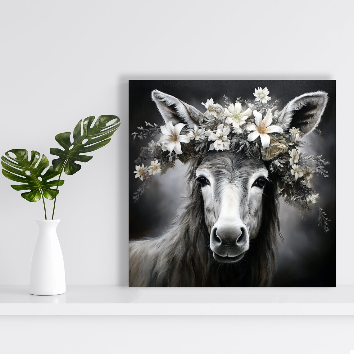 Donkey White Flower Crown Ethereal Dark Botanical Portrait Poster - Image 2