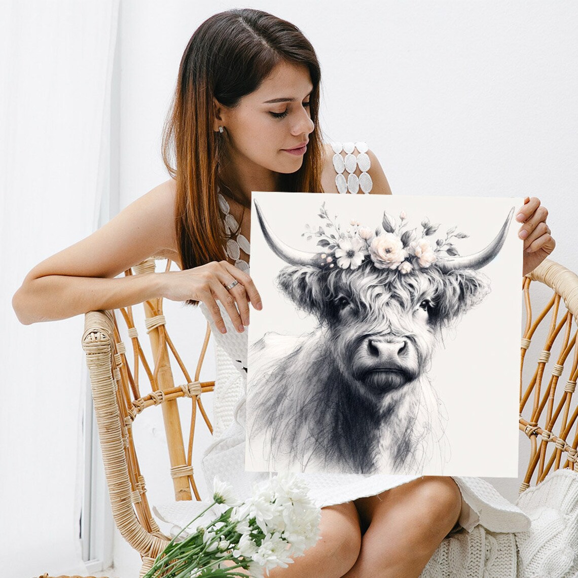 Cow With Flower Crown, Funny Bathroom Art Print - Image 3