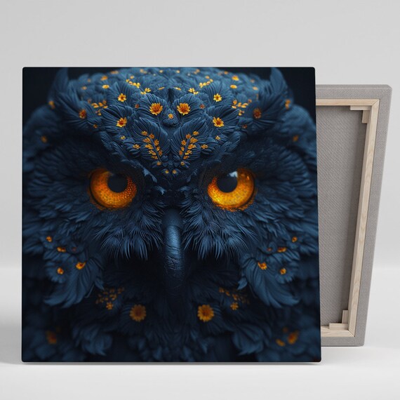 Mystical Dark Owl Face Glowing Orange Eyes Blooming Flowers Gothic Art Poster