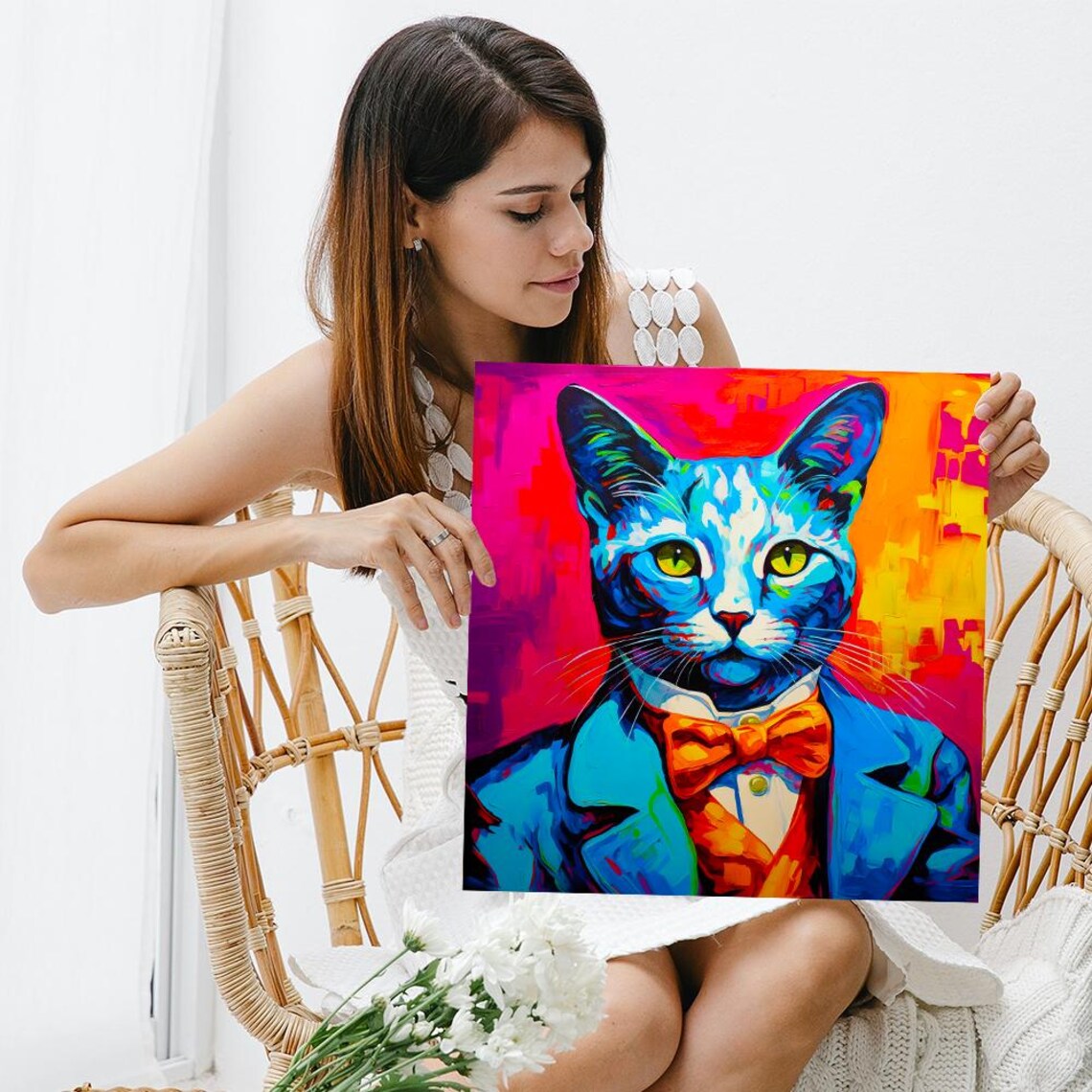 Dapper Cat Gentleman Blue Suit Orange Bow Tie Neon Pop Art Wall Art Poster - Image 3