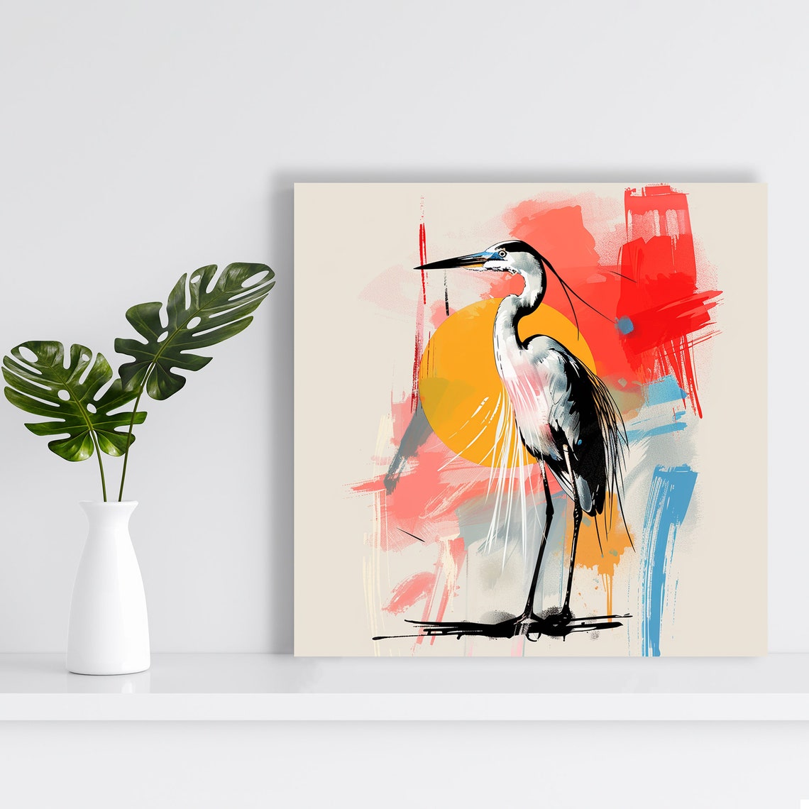 Heron Standing Elegant Red Sun Ink Brushstroke Bird Wall Art Poster - Image 2