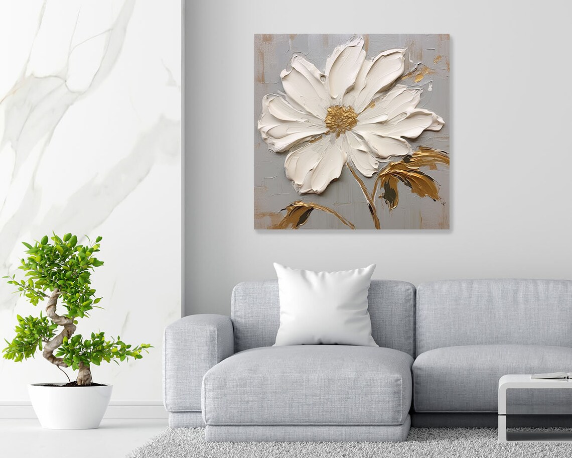 White and Gold Flower Art Print, Modern Floral Decor - Image 3