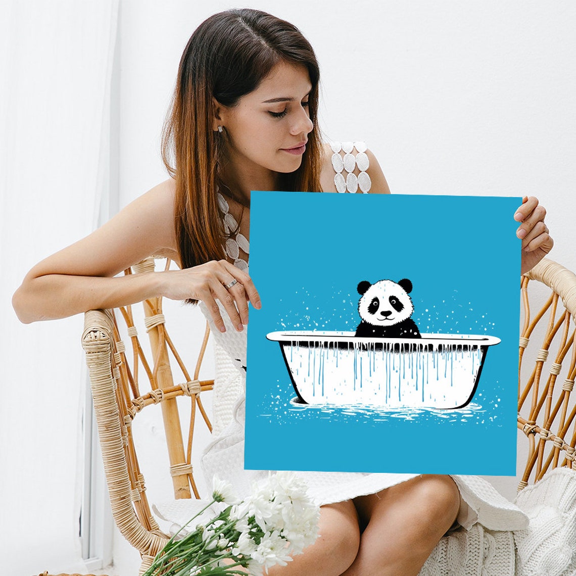 Panda Cub Bath Time Minimalist Turquoise Blue Wall Art Poster - Image 3