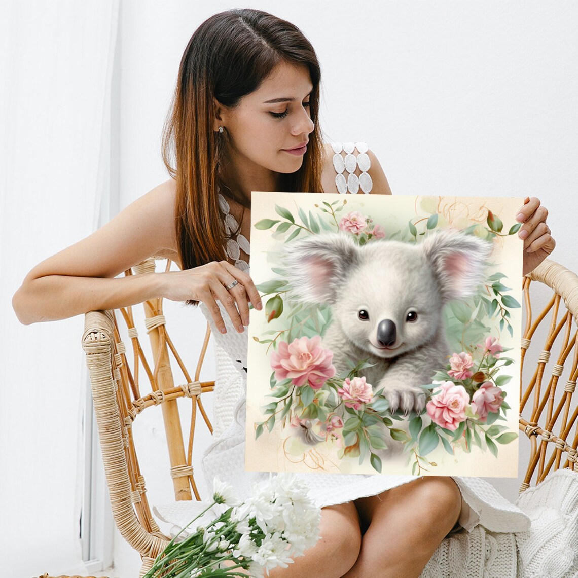 Sweet Koala Surrounded by Pink Roses Floral Nursery Wall Art Poster - Image 3