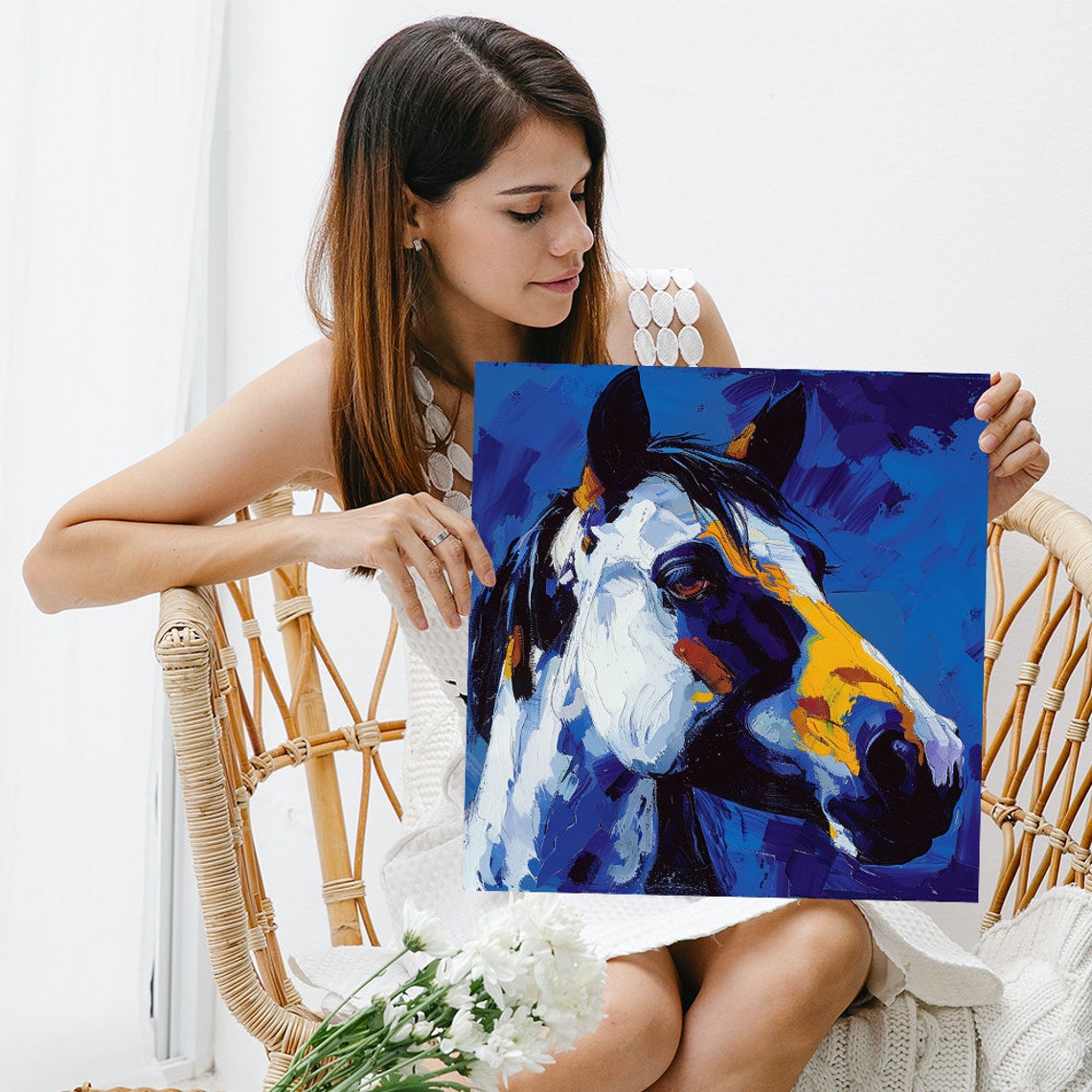 Bold Horse Head Abstract Blue Yellow Impasto Modern Equine Poster - Image 3
