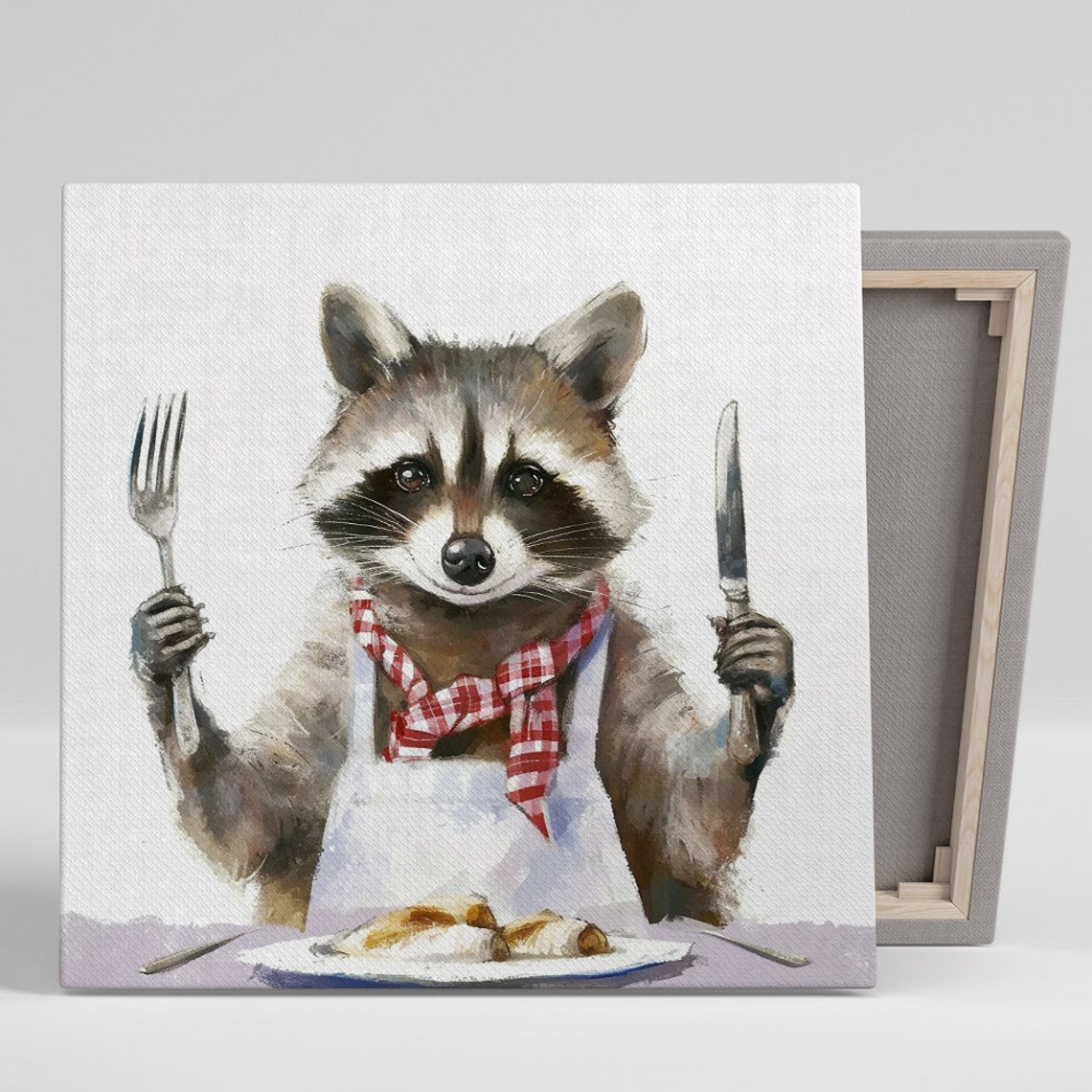 Raccoon Dinner Party Fork Knife Red Scarf Whimsical Kitchen Poster