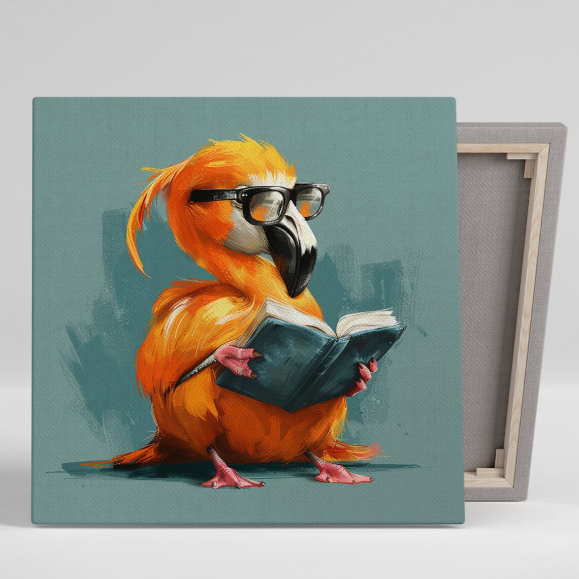 Scholarly Parrot Glasses Reading Book Orange Teal Library Wall Art Poster