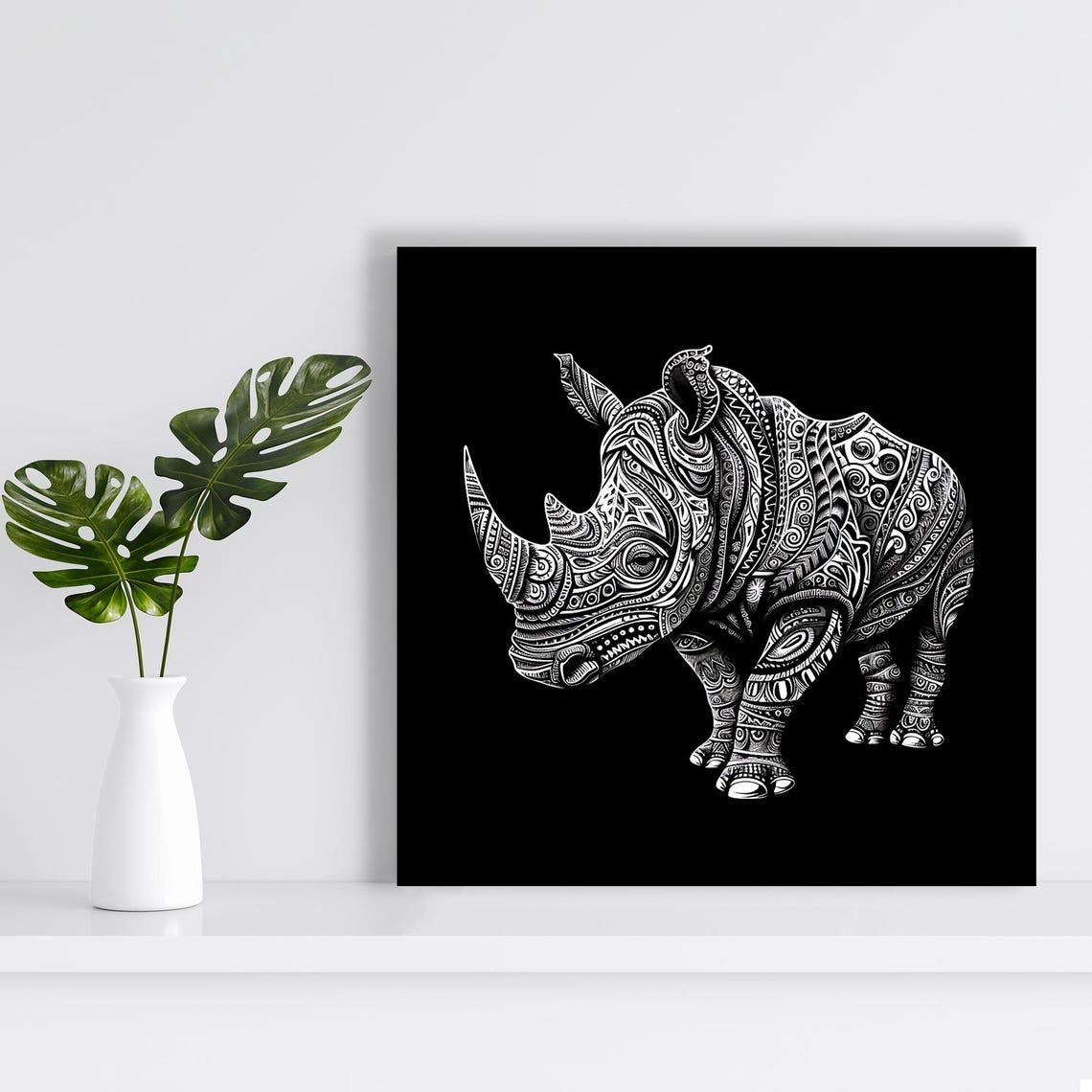 Ornate Rhino Mandala Intricate White Line Art On Black Poster - Image 2
