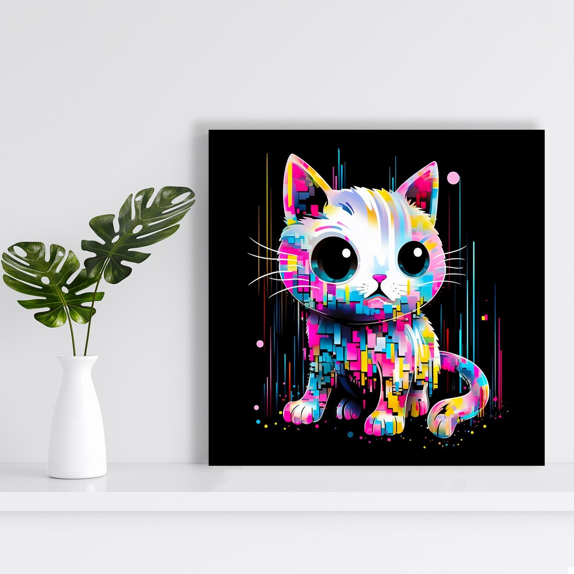 Neon Pixel Kitten Pop Art Poster, Contemporary Decor - Image 2