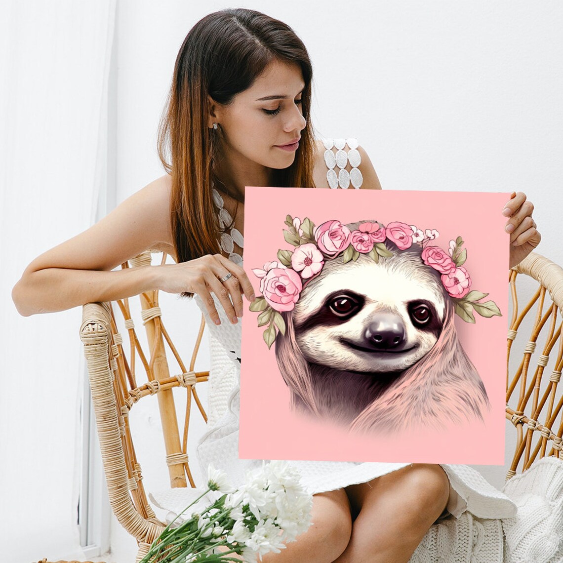 Smiling Sloth Wearing Pink Flower Crown Roses Soft Pink Background Poster - Image 3