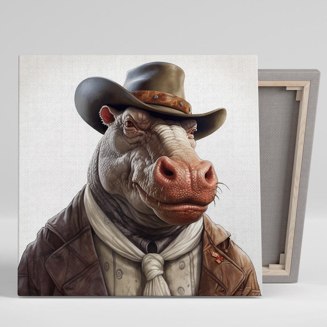 Cowboy Hippo Western Sheriff Hat Portrait Funny Animal Art Poster