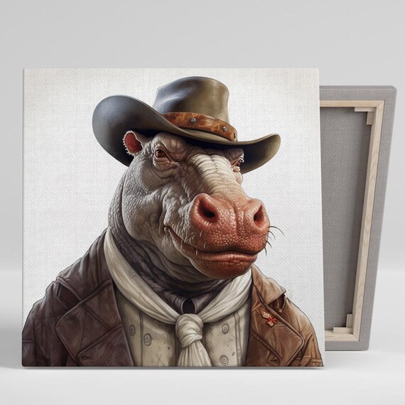 Cowboy Hippo Western Sheriff Hat Portrait Funny Animal Art Poster