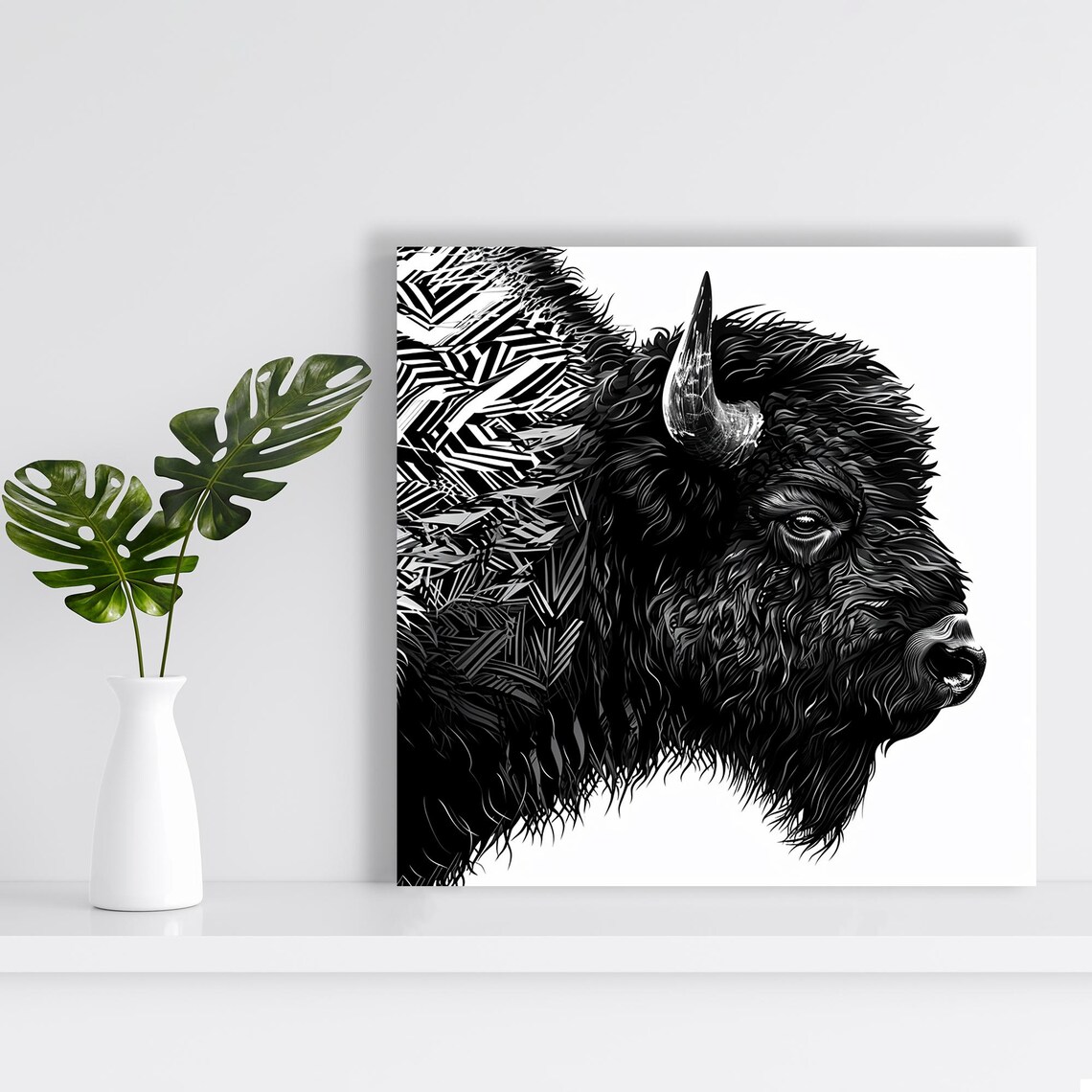 Majestic Bison Black White Tribal Ink Detailed Wild Animal Poster - Image 2