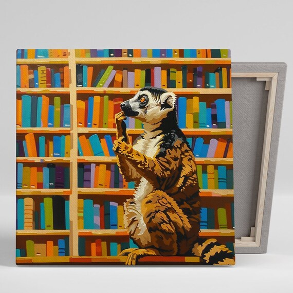 Lemur Reading Among Colorful Library Bookshelves Animal Nursery Poster