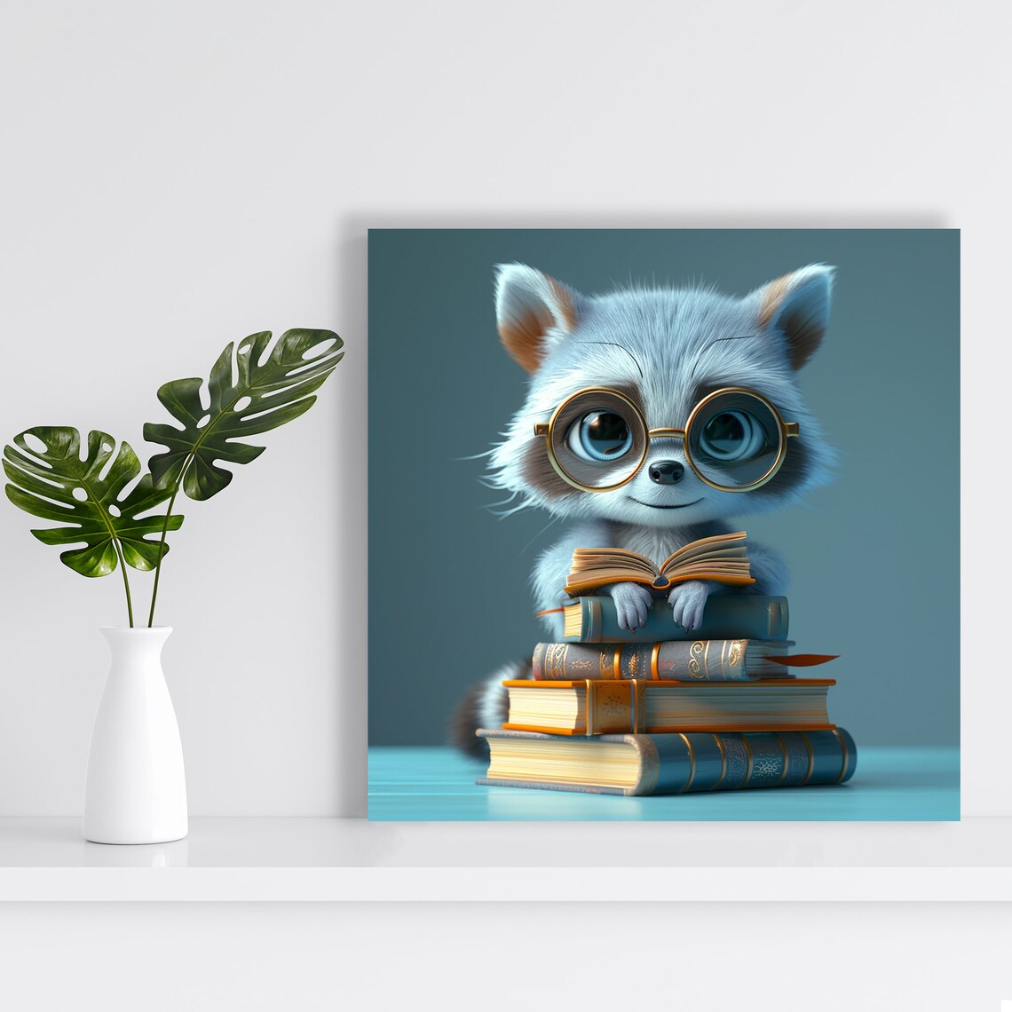 Baby Raccoon With Glasses Reading Books Cute Smart Nursery Wall Poster - Image 2