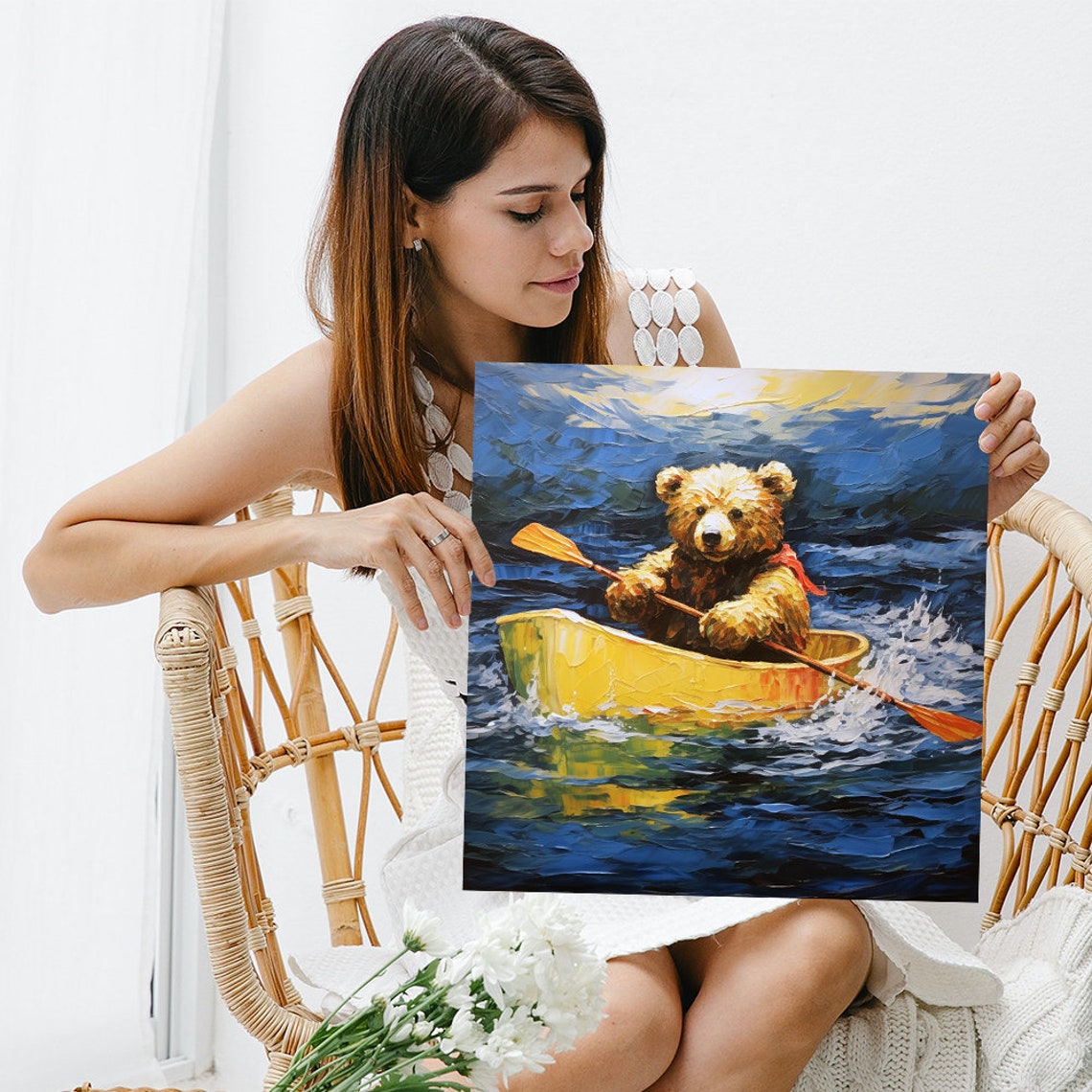 Adventurous Bear Paddling Yellow Canoe Blue River Oil Painting Poster - Image 3