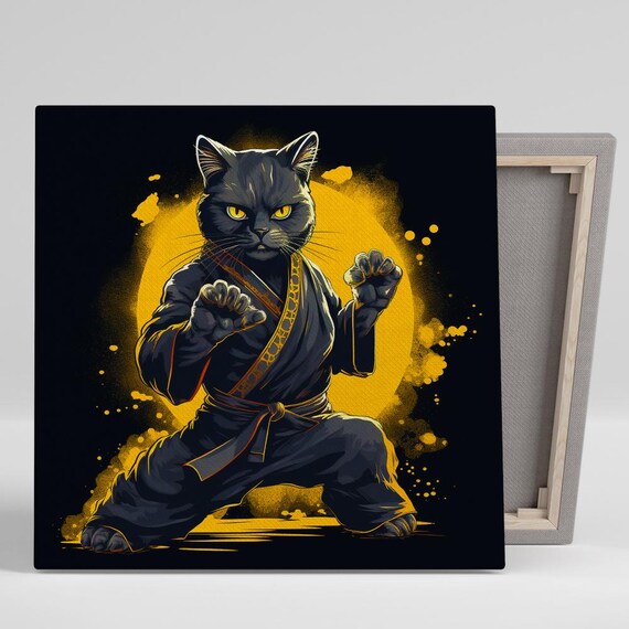 Ninja Cat Warrior Black Gi Golden Moon Martial Arts Feline Wall Poster