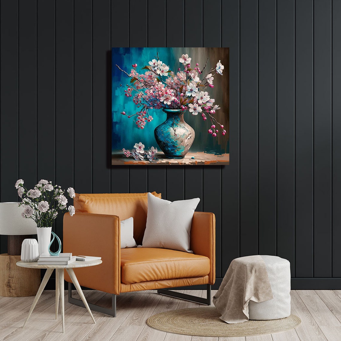 Cherry Blossom Branches In Blue Vase Pink Spring Floral Canvas Poster - Image 4