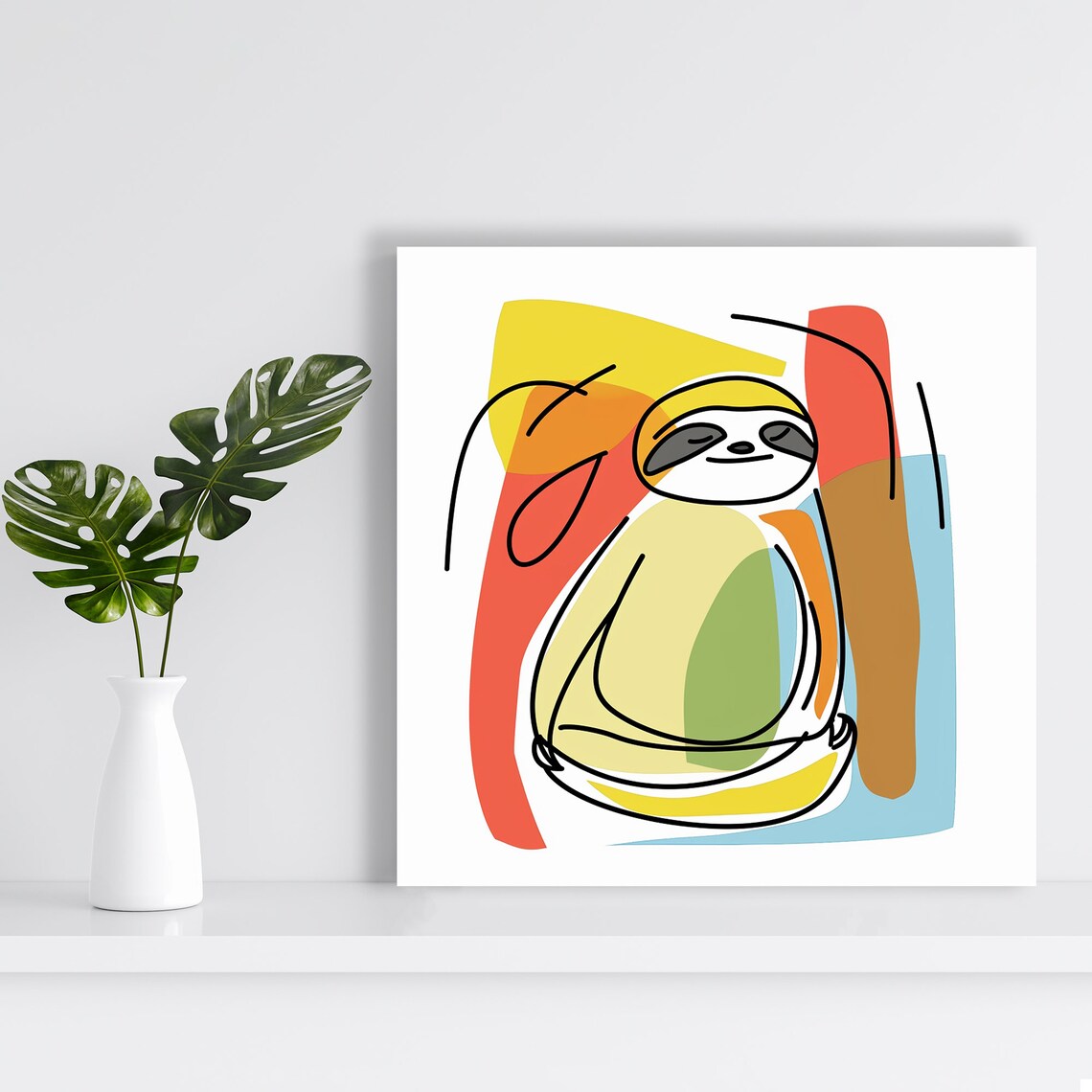 Sleepy Sloth Line Art Poster Colorful Abstract Blocks Modern Nursery Wall Decor - Image 2