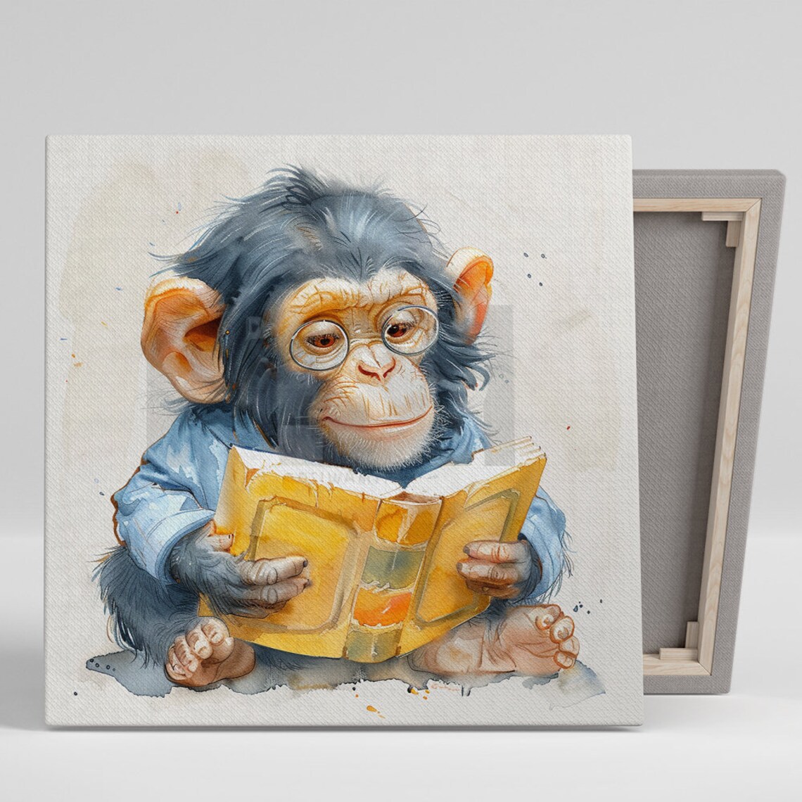 Clever Chimpanzee Baby Ape Glasses Reading Book Watercolor Wall Poster