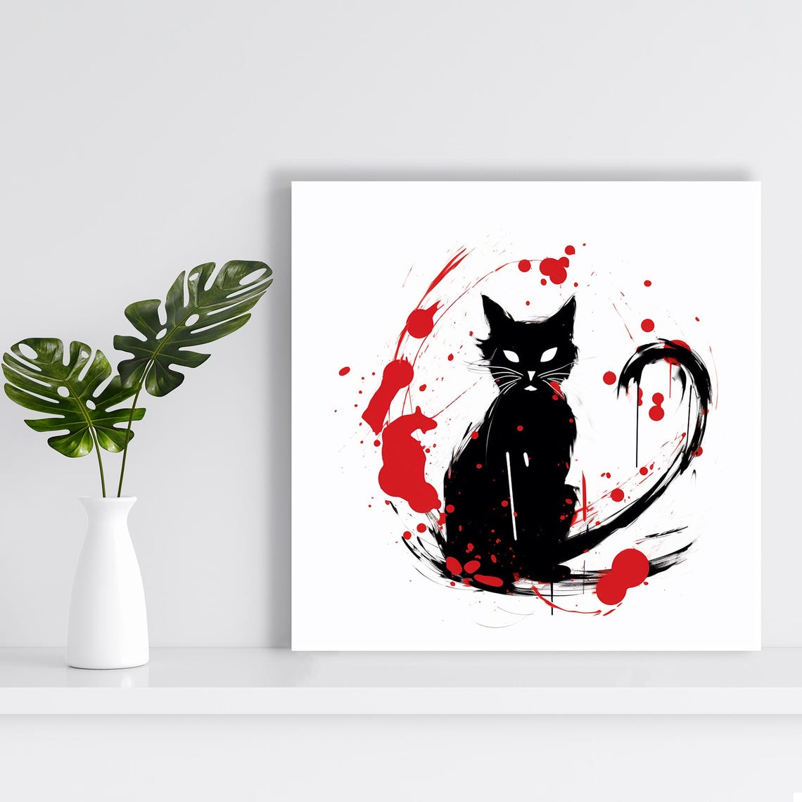 Black Cat Silhouette With Red Paint Splatter Gothic Ink Art Poster - Image 2