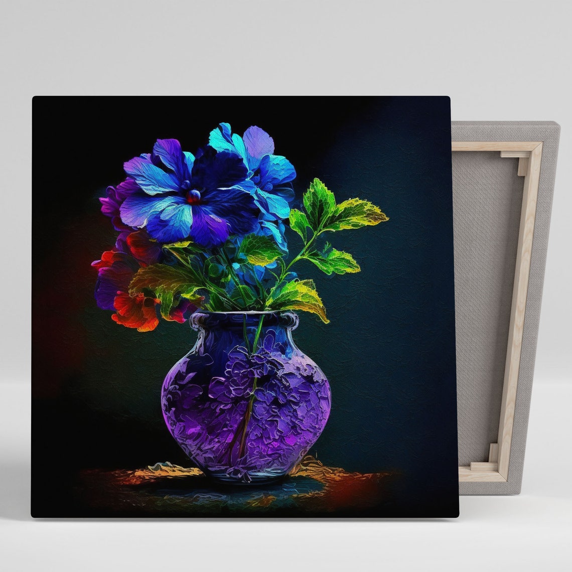 Blue Purple Flower Bouquet In Purple Vase Black Neon Glow Art Poster
