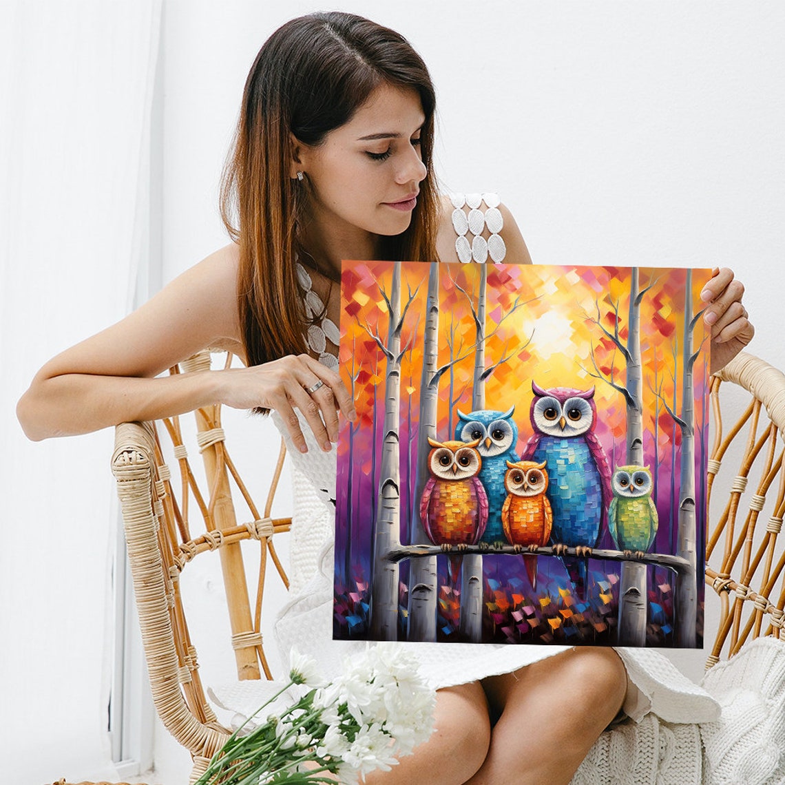 Five Colorful Owls Branch Autumn Forest Mosaic Art Nursery Poster - Image 3