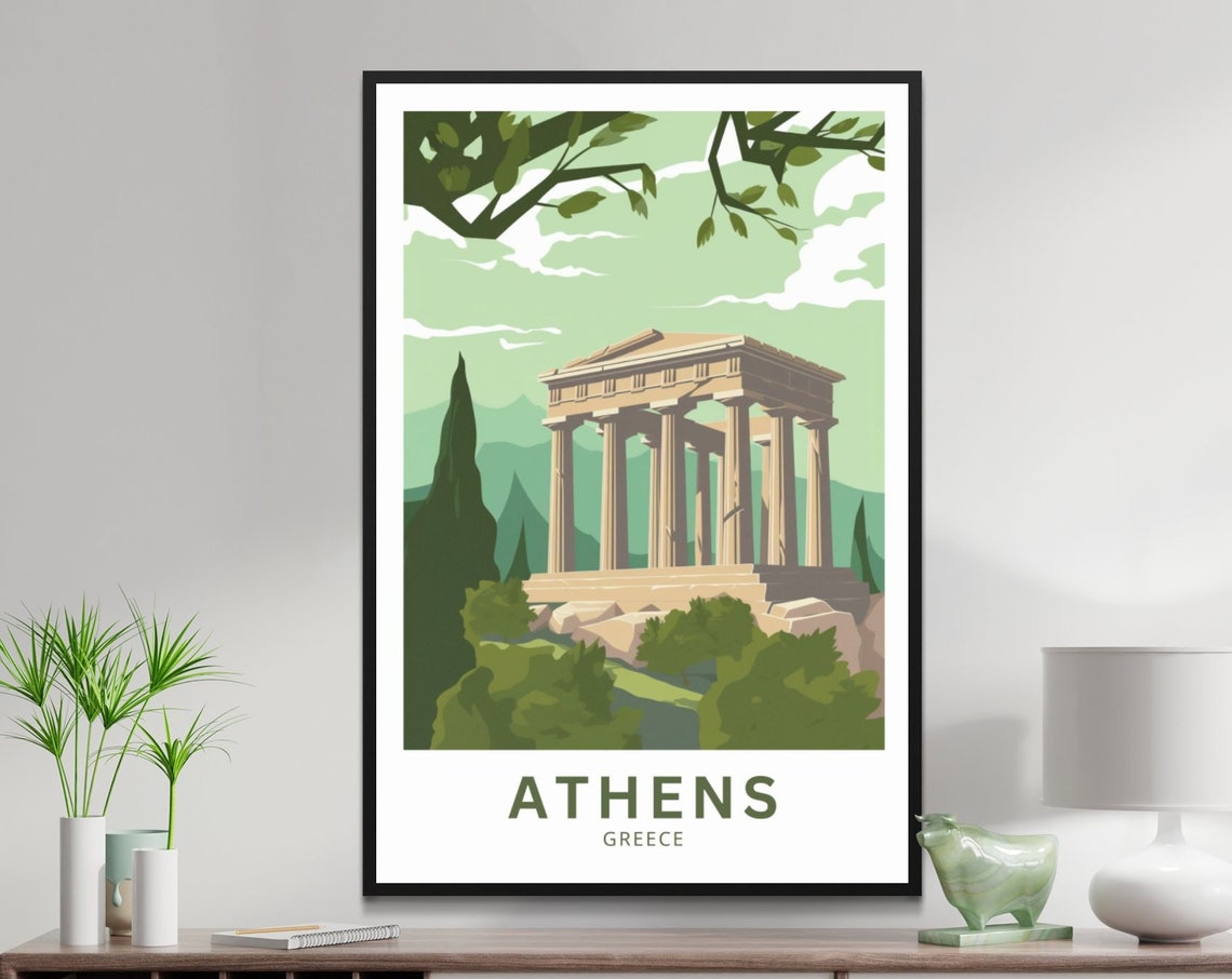 Athens Greece Ancient Temple Cypress Green Travel Art Poster