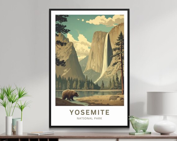 Yosemite National Park California Vintage Bear Waterfall Travel Poster