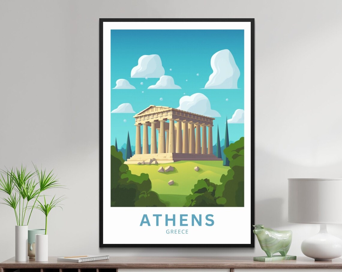Athens Greece Parthenon Playful Cloud Cartoon Travel Poster Art
