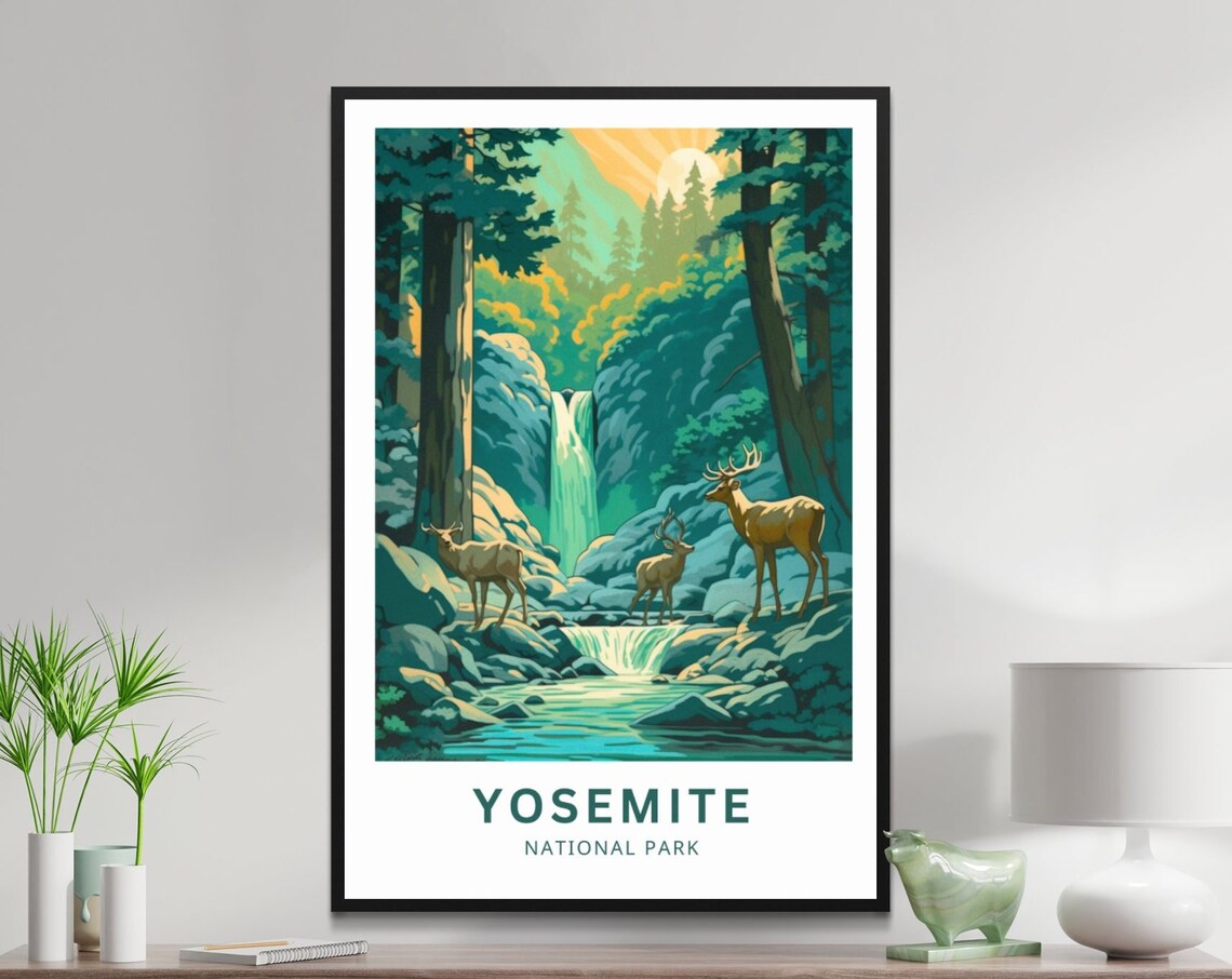 Yosemite National Park Waterfall Deer Forest Vintage Travel Poster