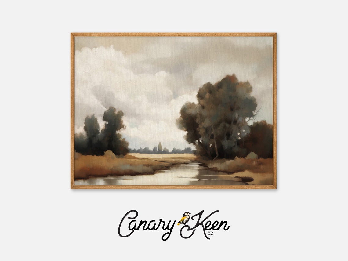 Moody Countryside River Landscape Cloudy Sky Vintage Style Art Poster