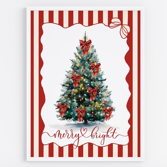 Merry And Bright Watercolor Christmas Tree Red Bows Holiday Poster