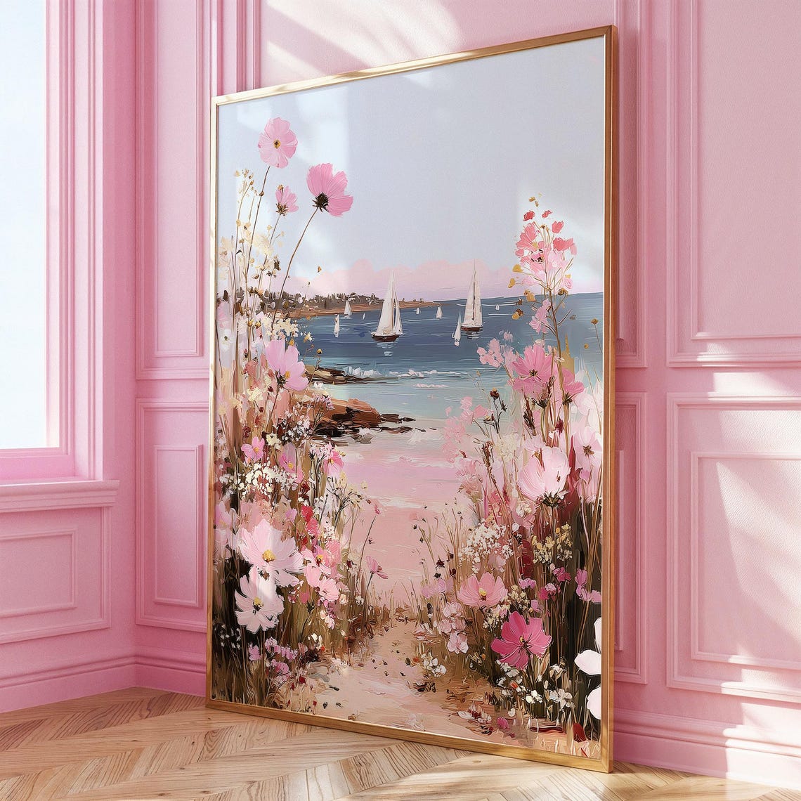 Coastal Sailboat Regatta Pink Wildflowers Beach Painting Poster
